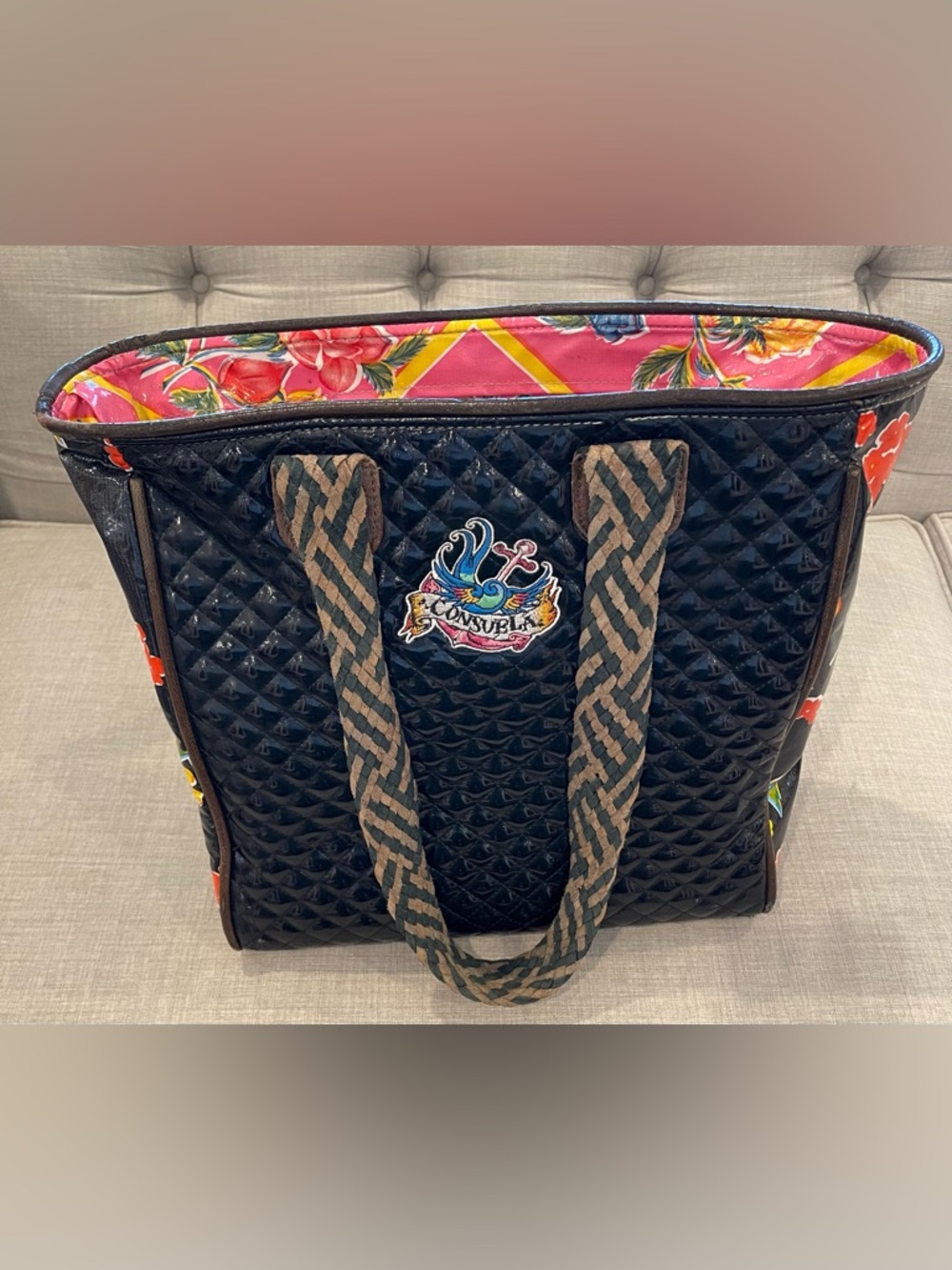Consuela Classic Tote black patent quilted shiny floral colorful braided leather